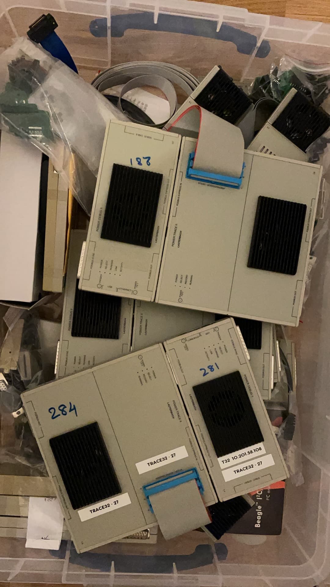 Stacked Lauterbach debugger pods from a factory clearance lot