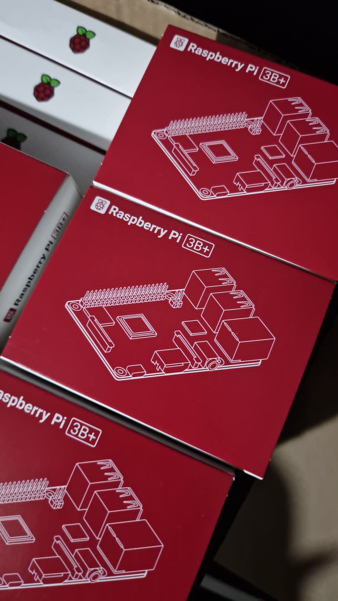 Lot of 285 Raspberry Pi 3 Model B+ boards from factory clearance, mixed sealed and re-bagged